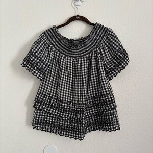 Bliss & Mischief Women's Size 2 Black & White Gingham Embroidered Top